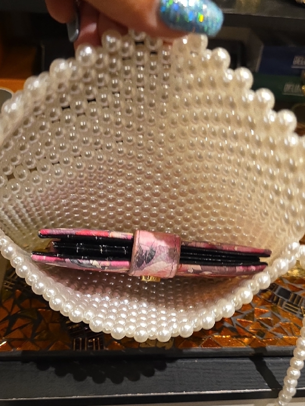 Pearl Beaded Clutch with Shoulder Strap - Elegant White Pearl Wristlet - Picture 5 of 6